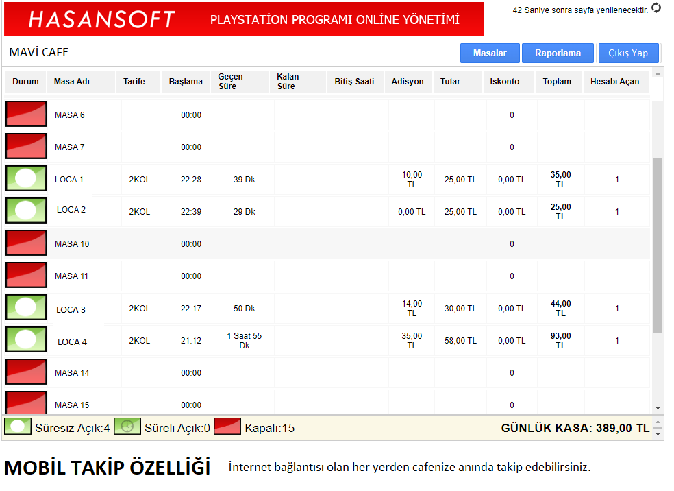 Playstation Cafe Programı Mobil Responsive Görünüm